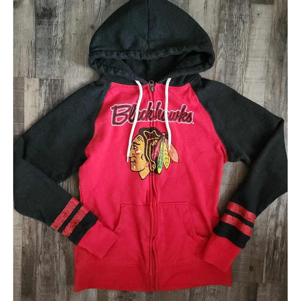 Chicago Blackhawks Hooded Sweatshirt Womens Small Red Full Zip Hoodie Pockets